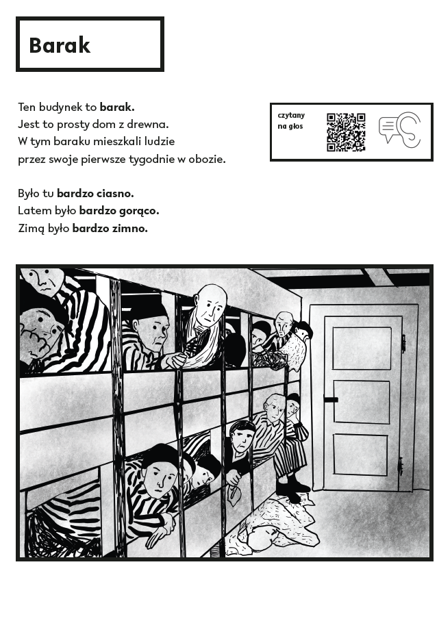 Obrazek na którym widoczny jest opis baraku w prostym języku. Poniżej czarno-biały rysunek przedstawiający więźniów leżących na drewnianych, piętrowych pryczach - obozowych łóżkach. 