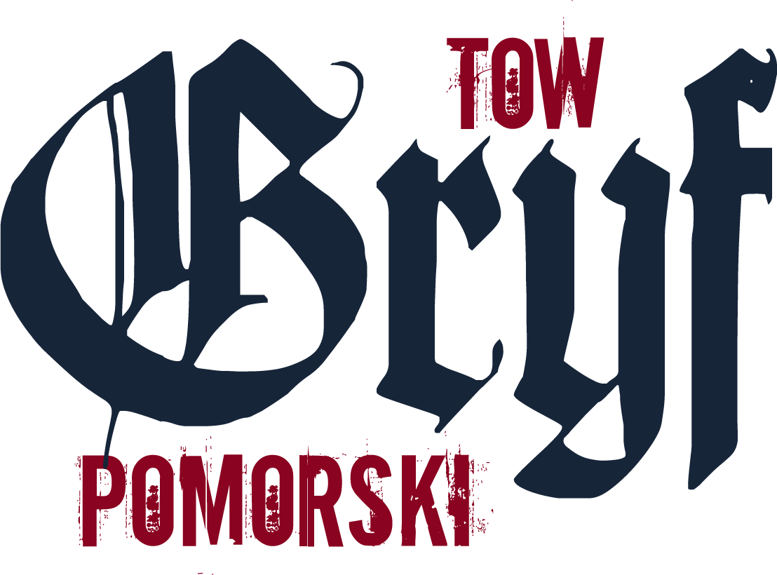 Grafika przedstawia logo z napisem "TOW Gryf Pomorski" Słowo "Gryf" jest napisane dużymi, ciemnoniebieskimi literami, natomiast słowa "TOW" (skrót od "Tajna Organizacja Wojskowa") i "POMORSKI" są napisane czerwonymi literami, z efektem wytarcia. Słowo "TOW" znajduje się w prawym górnym rogu, a "POMORSKI" w dolnej części grafiki.