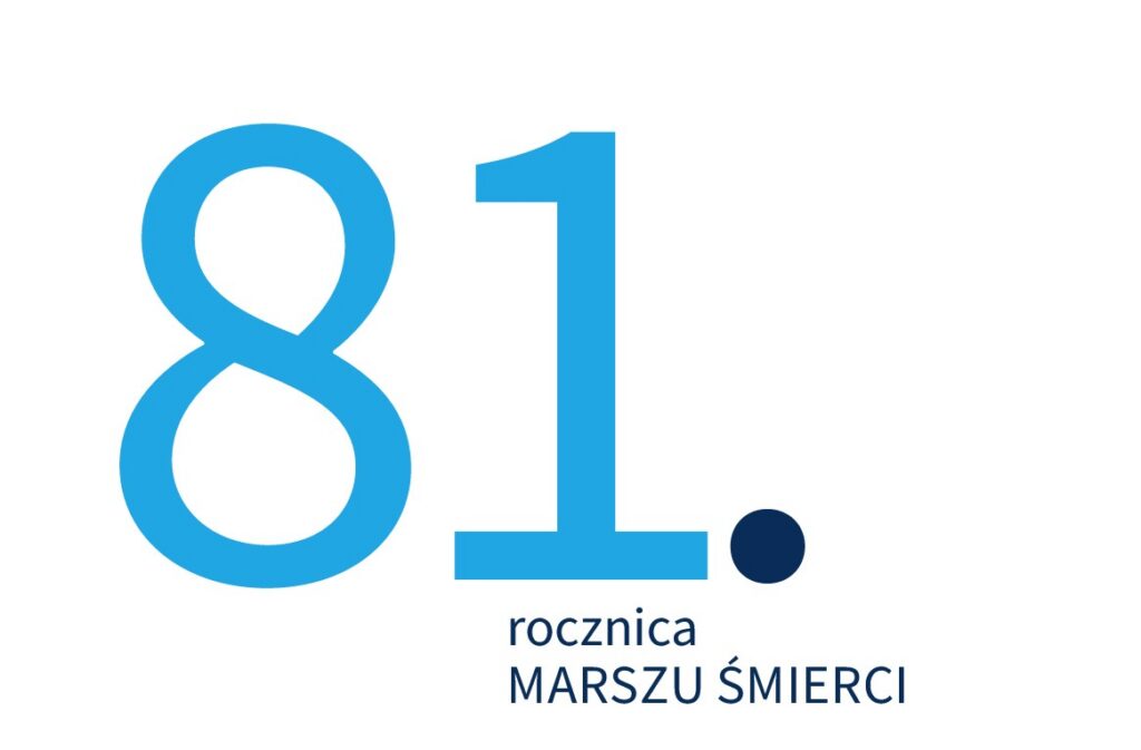 Na białym tle duży, jasnoniebieski napis „81.”, po prawej stronie ciemnogranatowa kropka. Poniżej, mniejszym ciemnogranatowym fontem: „rocznica” oraz „MARSZU ŚMIERCI”.